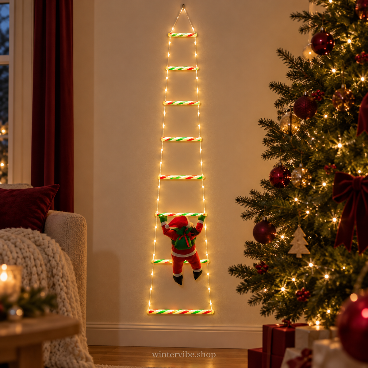 LED-Weihnachtsleiter mit Weihnachtsmann – 1,7 m, USB & 8 Leuchtmodi