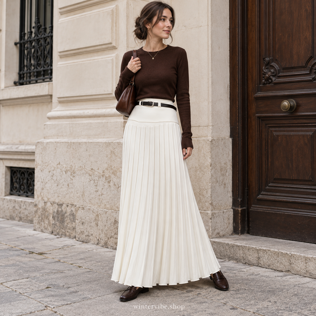 Eleganter Damen-Maxirock mit Plisseefalten – Zeitlos in Beige & Cremeweiß