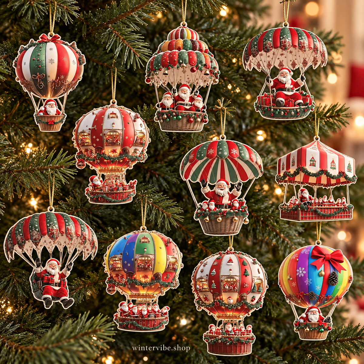 Ein Set mit 10 Stück Weihnachtsmann-Fallschirm-Serie, handgefertigte Holz-Hängeornamente – das perfekte Weihnachtsgeschenk zur Dekoration von Haus und Garten