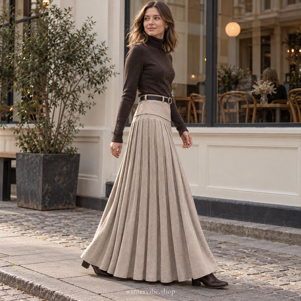 Eleganter Damen-Maxirock mit Plisseefalten – Zeitlos in Beige & Cremeweiß