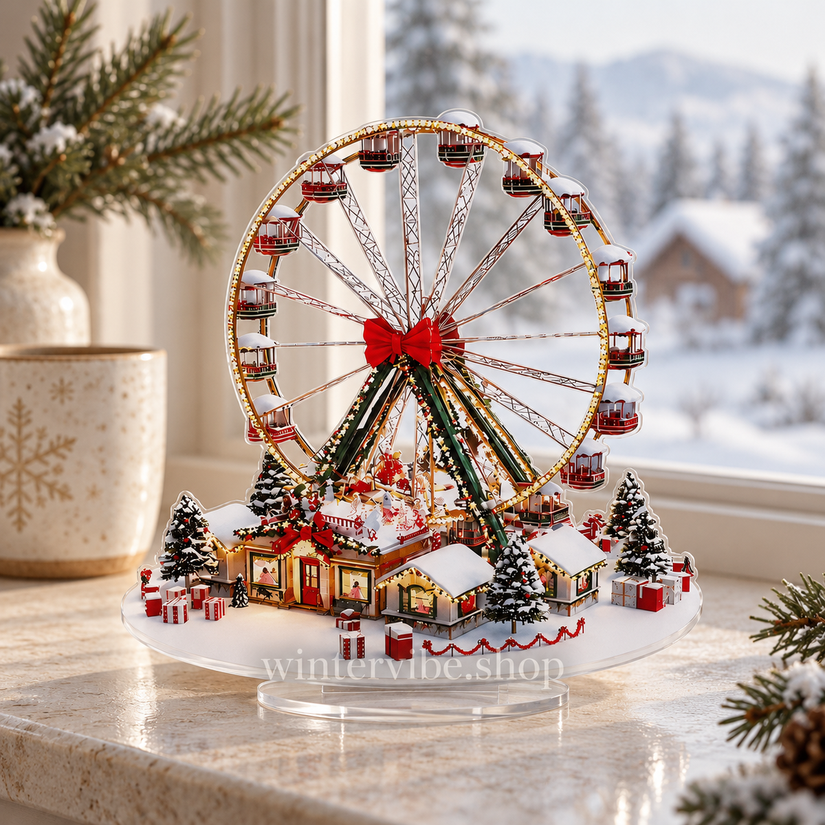 Weihnachtszauber im Miniaturformat – Vintage-Riesenrad mit Winterdorf aus Acryl
