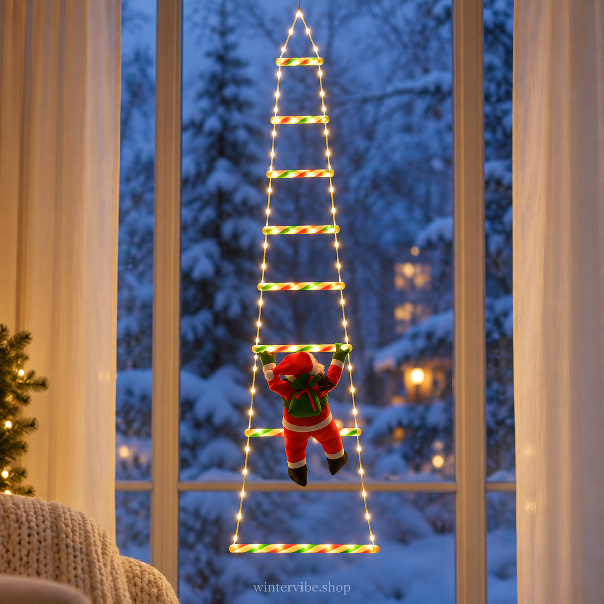 LED-Weihnachtsleiter mit Weihnachtsmann – 1,7 m, USB & 8 Leuchtmodi