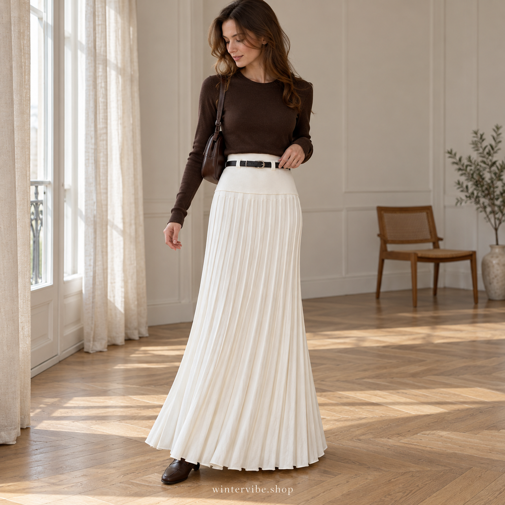 Eleganter Damen-Maxirock mit Plisseefalten – Zeitlos in Beige & Cremeweiß