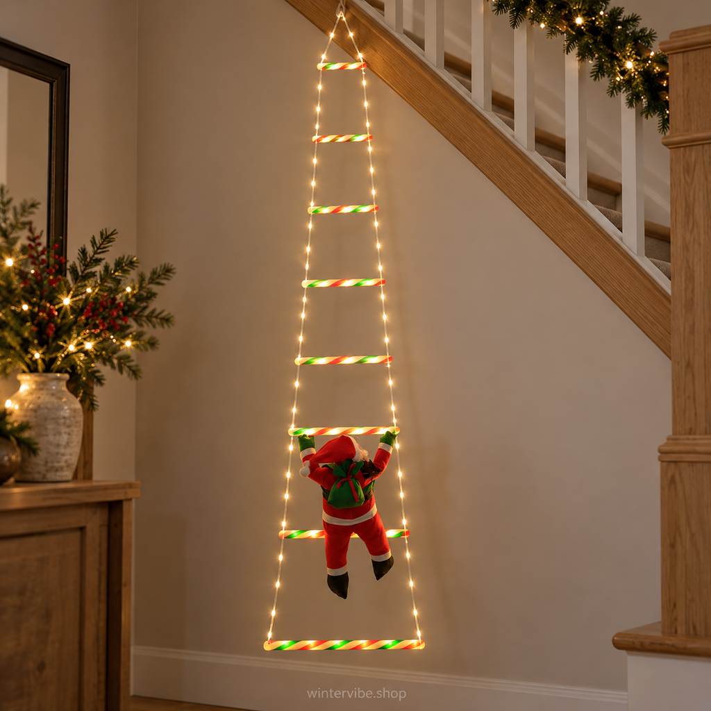 LED-Weihnachtsleiter mit Weihnachtsmann – 1,7 m, USB & 8 Leuchtmodi
