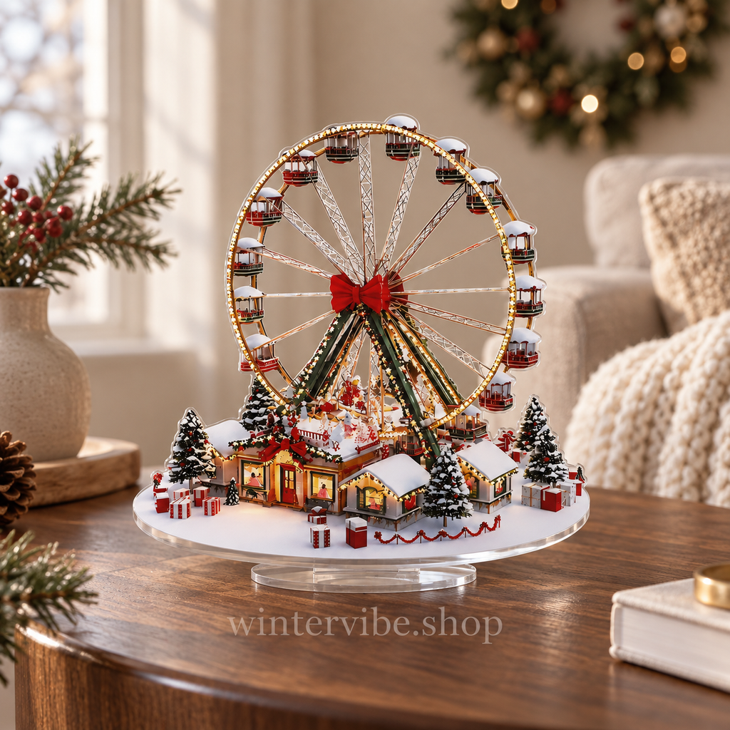Weihnachtszauber im Miniaturformat – Vintage-Riesenrad mit Winterdorf aus Acryl