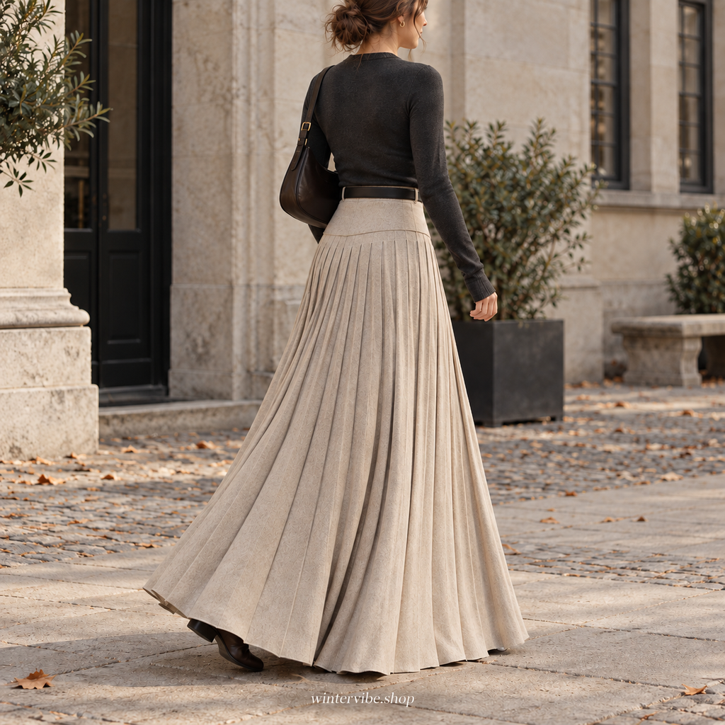 Eleganter Damen-Maxirock mit Plisseefalten – Zeitlos in Beige & Cremeweiß