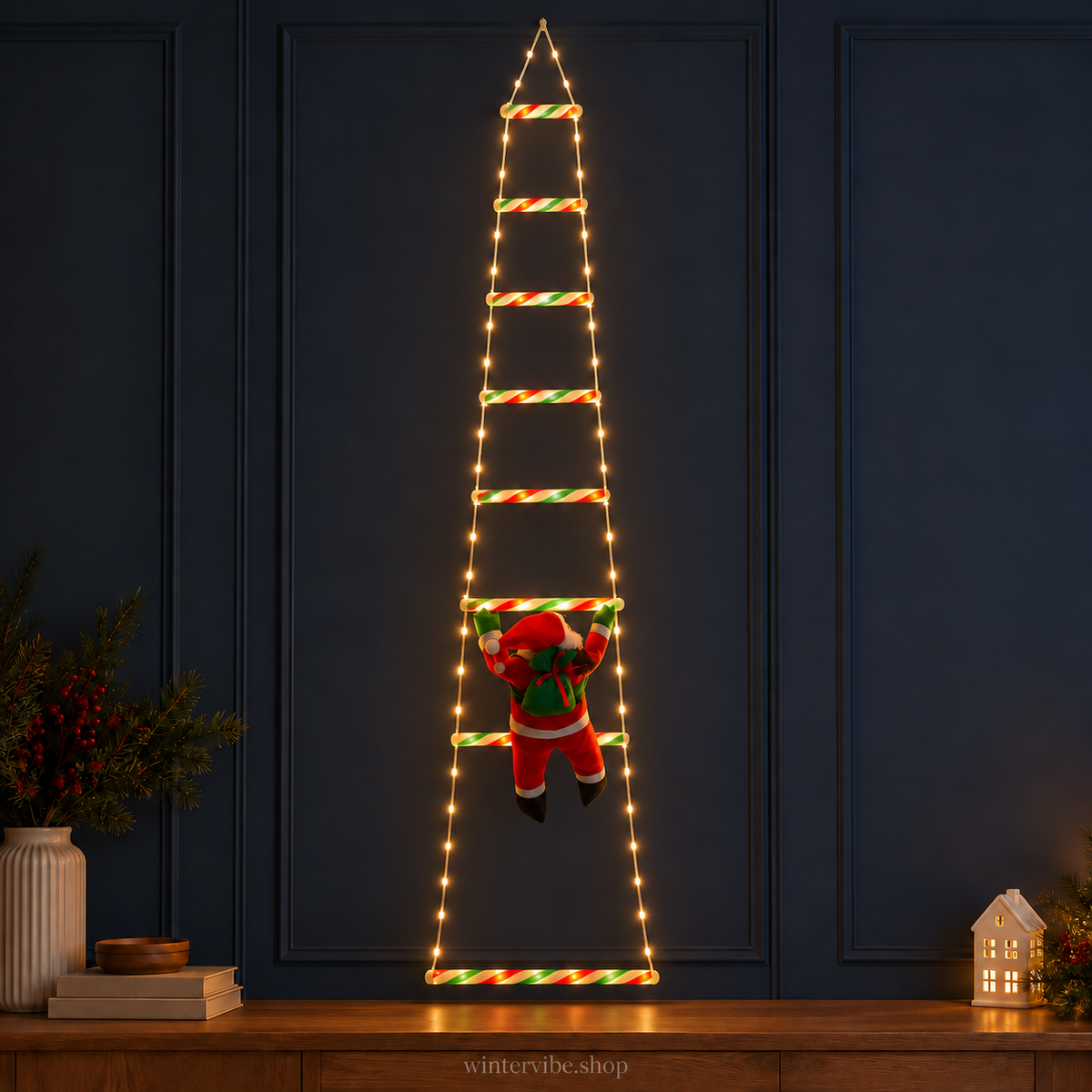 LED-Weihnachtsleiter mit Weihnachtsmann – 1,7 m, USB & 8 Leuchtmodi