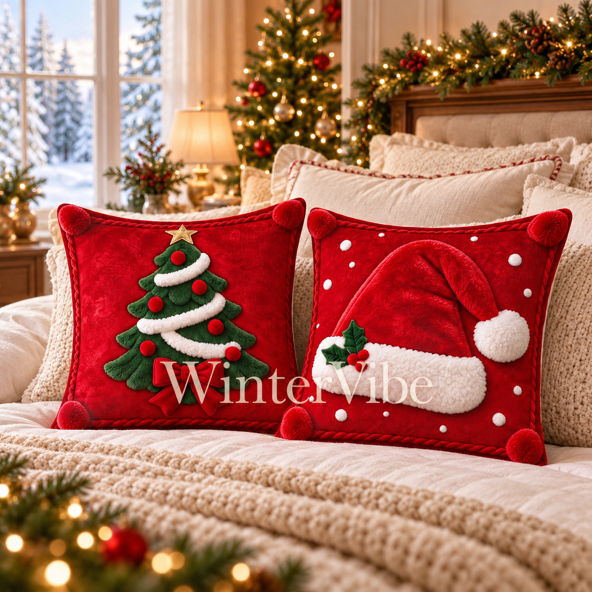 Weihnachtliche Kissenbezüge im 2er-Set – Weihnachtsmütze & Tannenbaum, 2D-Druck, 45 × 45 cm