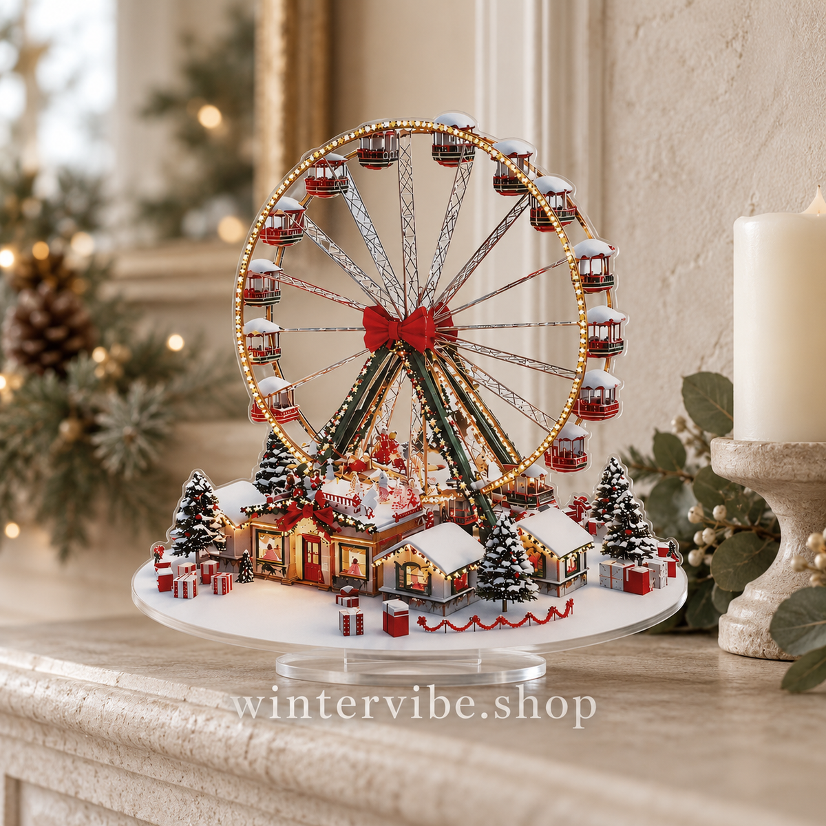 Weihnachtszauber im Miniaturformat – Vintage-Riesenrad mit Winterdorf aus Acryl