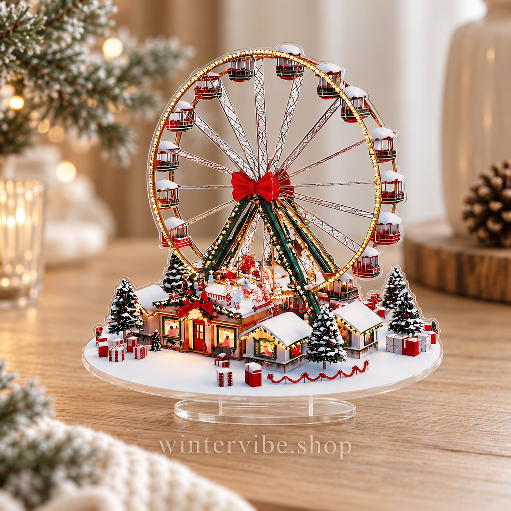 Weihnachtszauber im Miniaturformat – Vintage-Riesenrad mit Winterdorf aus Acryl