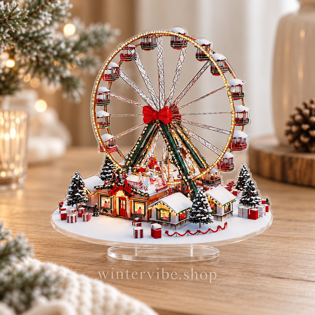 Weihnachtszauber im Miniaturformat – Vintage-Riesenrad mit Winterdorf aus Acryl