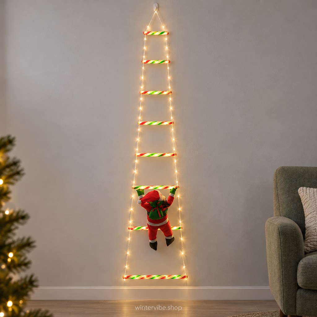 LED-Weihnachtsleiter mit Weihnachtsmann – 1,7 m, USB & 8 Leuchtmodi