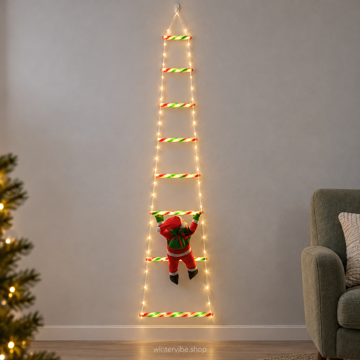 LED-Weihnachtsleiter mit Weihnachtsmann – 1,7 m, USB & 8 Leuchtmodi