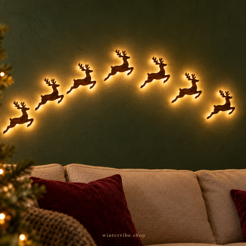 Rennes lumineux aspect bois – lot de 7 pour une décoration de Noël chaleureuse