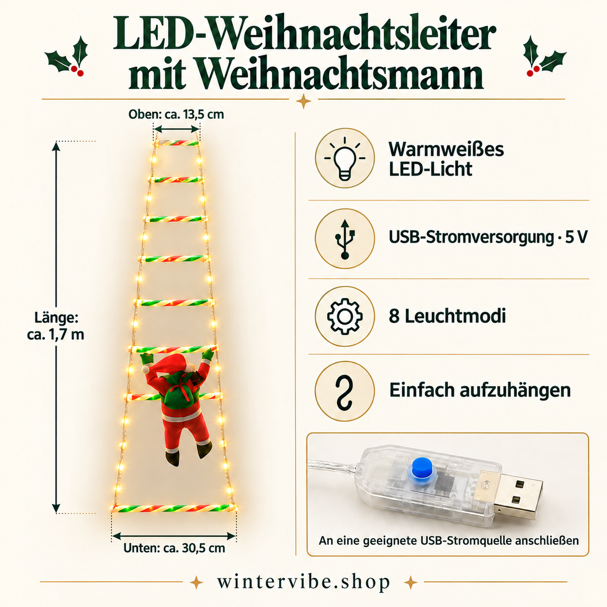 LED-Weihnachtsleiter mit Weihnachtsmann – 1,7 m, USB & 8 Leuchtmodi