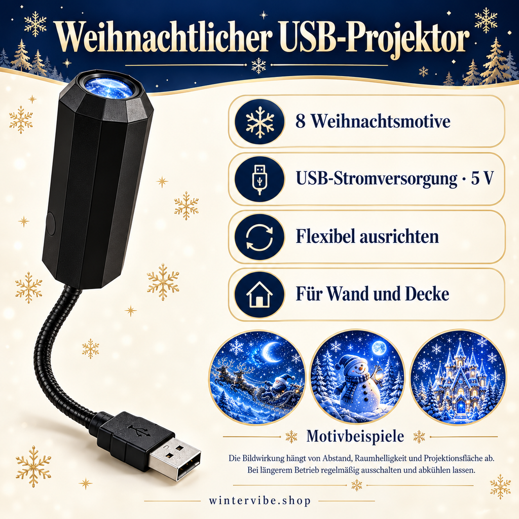 Weihnachtlicher USB-Projektor – 8 festliche Motive für Wand und Decke
