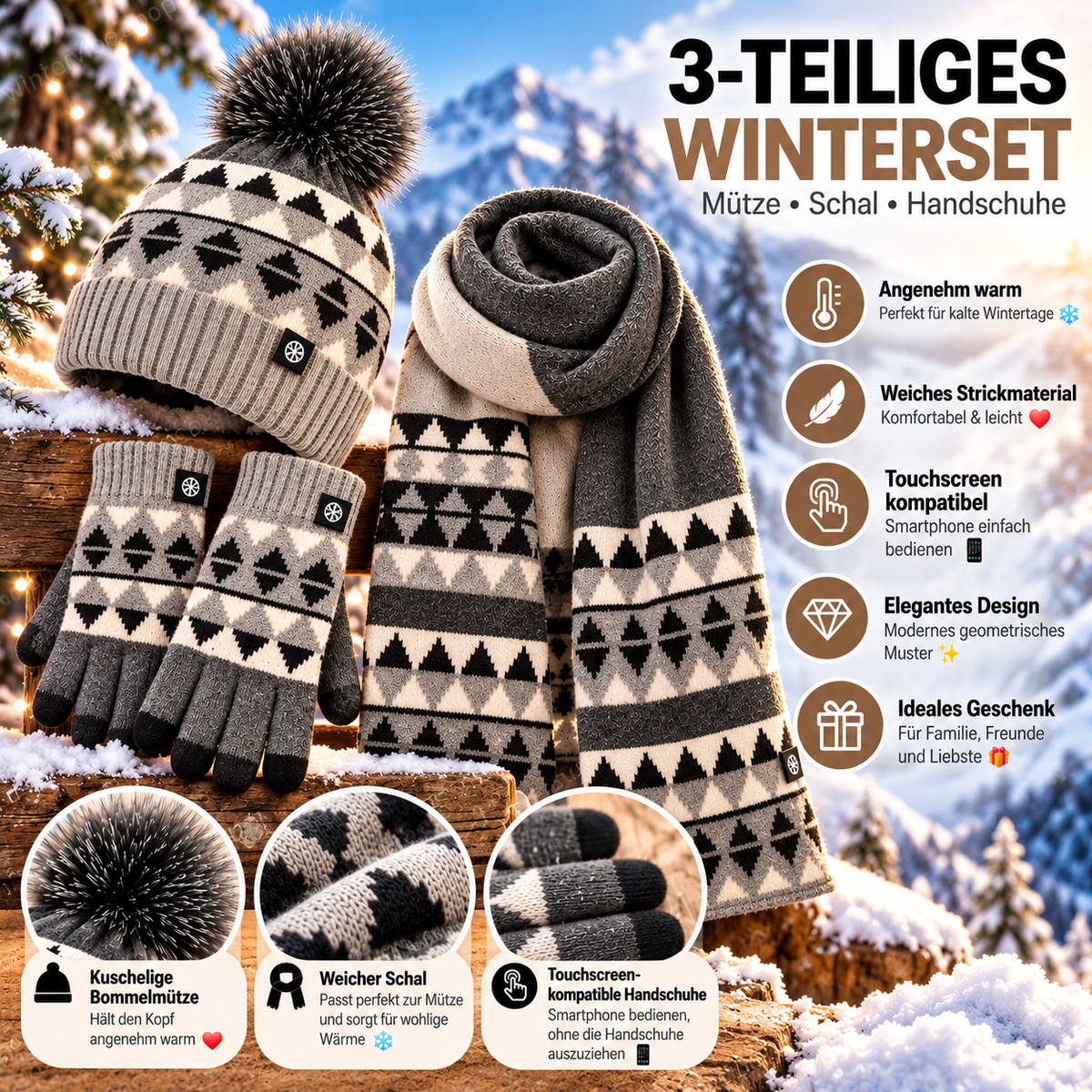 Damen-Winterset: Mütze, Schal und Handschuhe (3-teilig) ❄️🧤