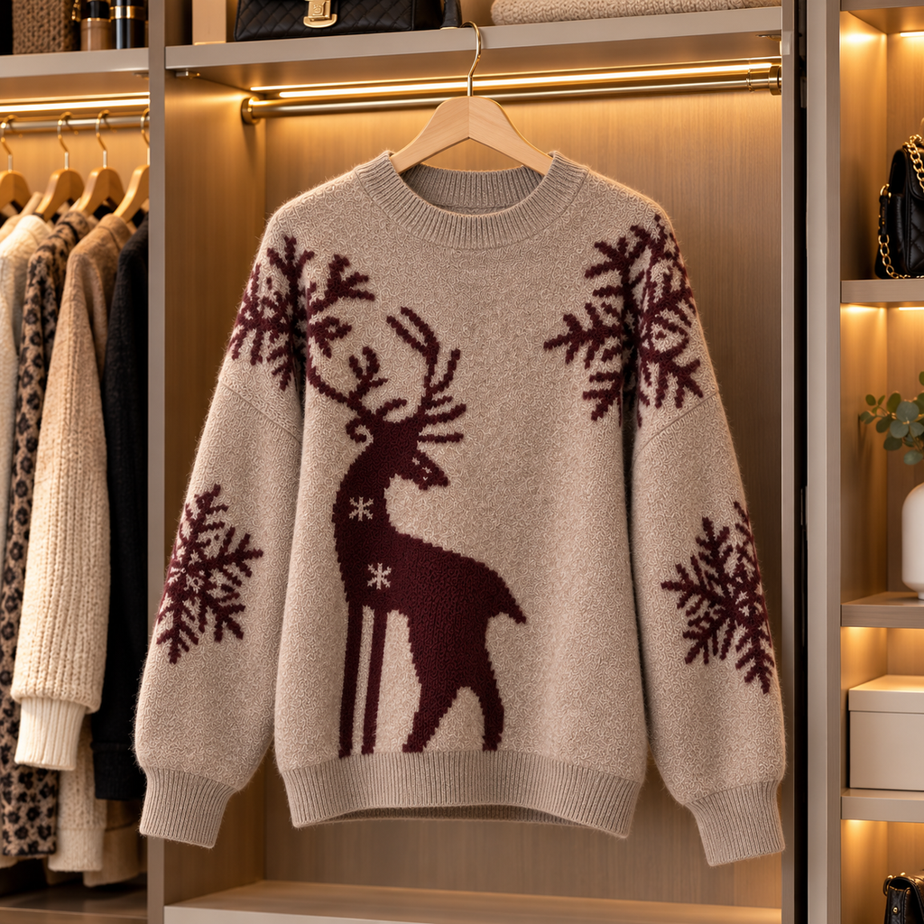 Damen-Weihnachtspullover mit Hirschmotiv & Schneeflocken – in 2 Farben