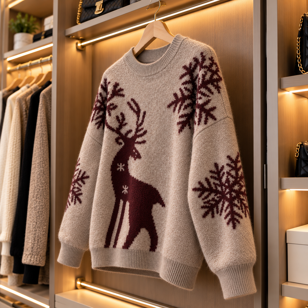 Damen-Weihnachtspullover mit Hirschmotiv & Schneeflocken – in 2 Farben