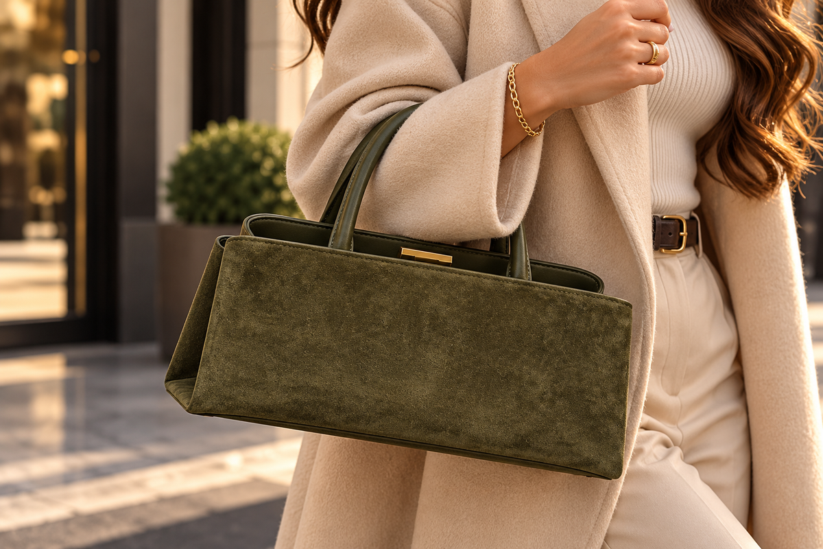 Sac à main élégant pour femme avec fermoir doré – Marron cognac & Vert olive