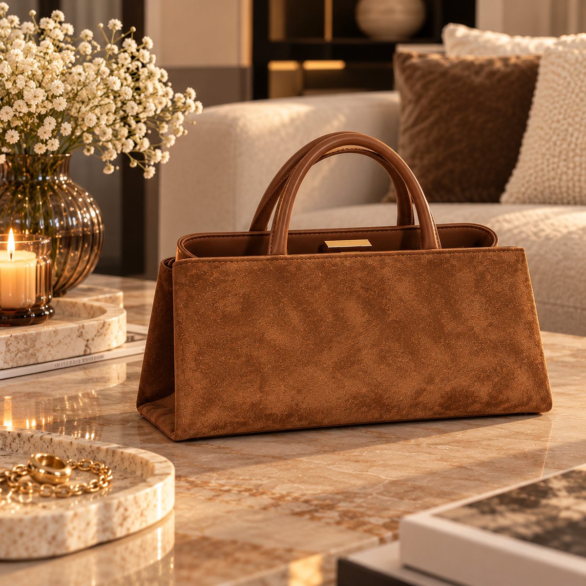 Sac à main élégant pour femme avec fermoir doré – Marron cognac & Vert olive
