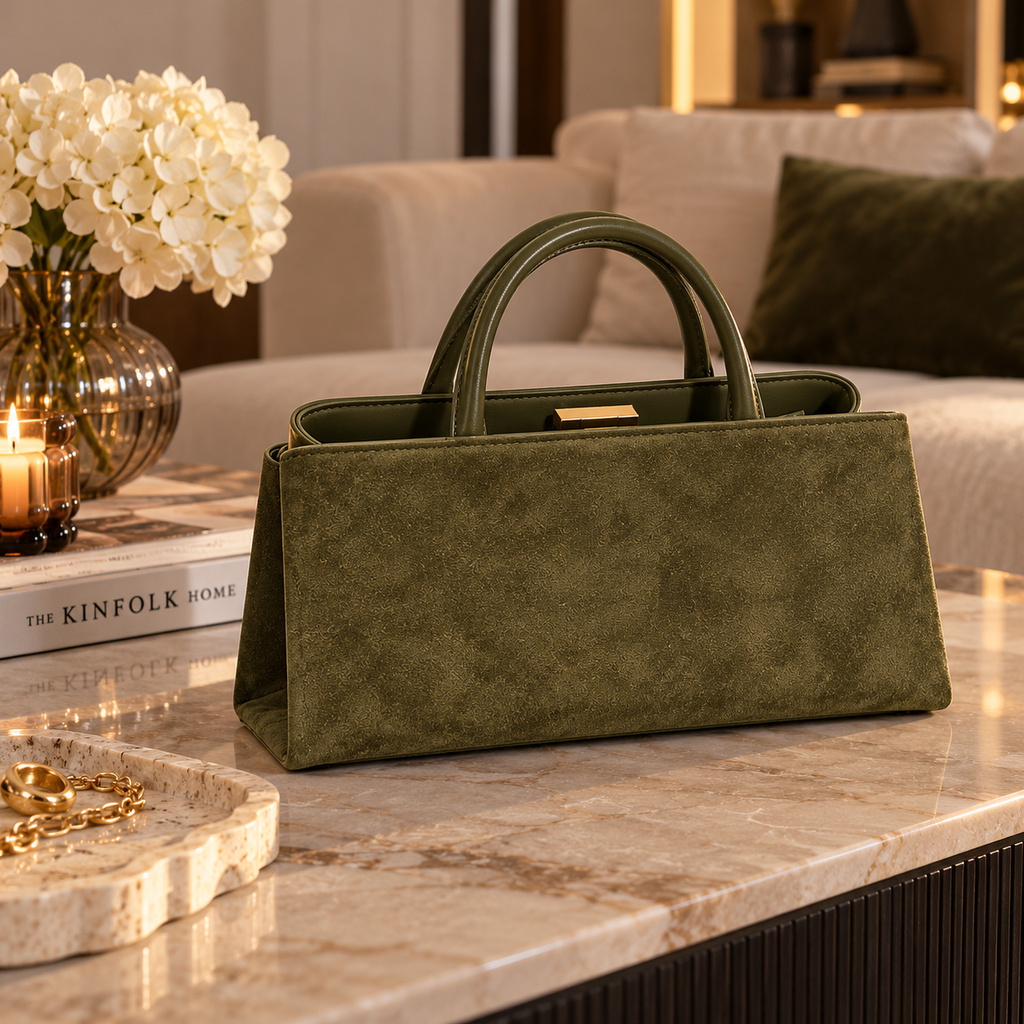 Elegante Damenhandtasche mit goldenem Verschluss – Cognacbraun & Olivegrün
