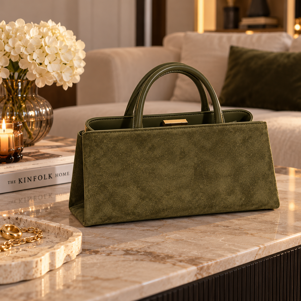 Sac à main élégant pour femme avec fermoir doré – Marron cognac & Vert olive