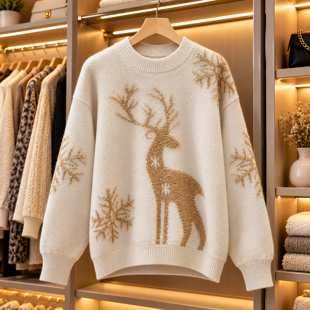 Damen-Weihnachtspullover mit Hirschmotiv & Schneeflocken – in 2 Farben