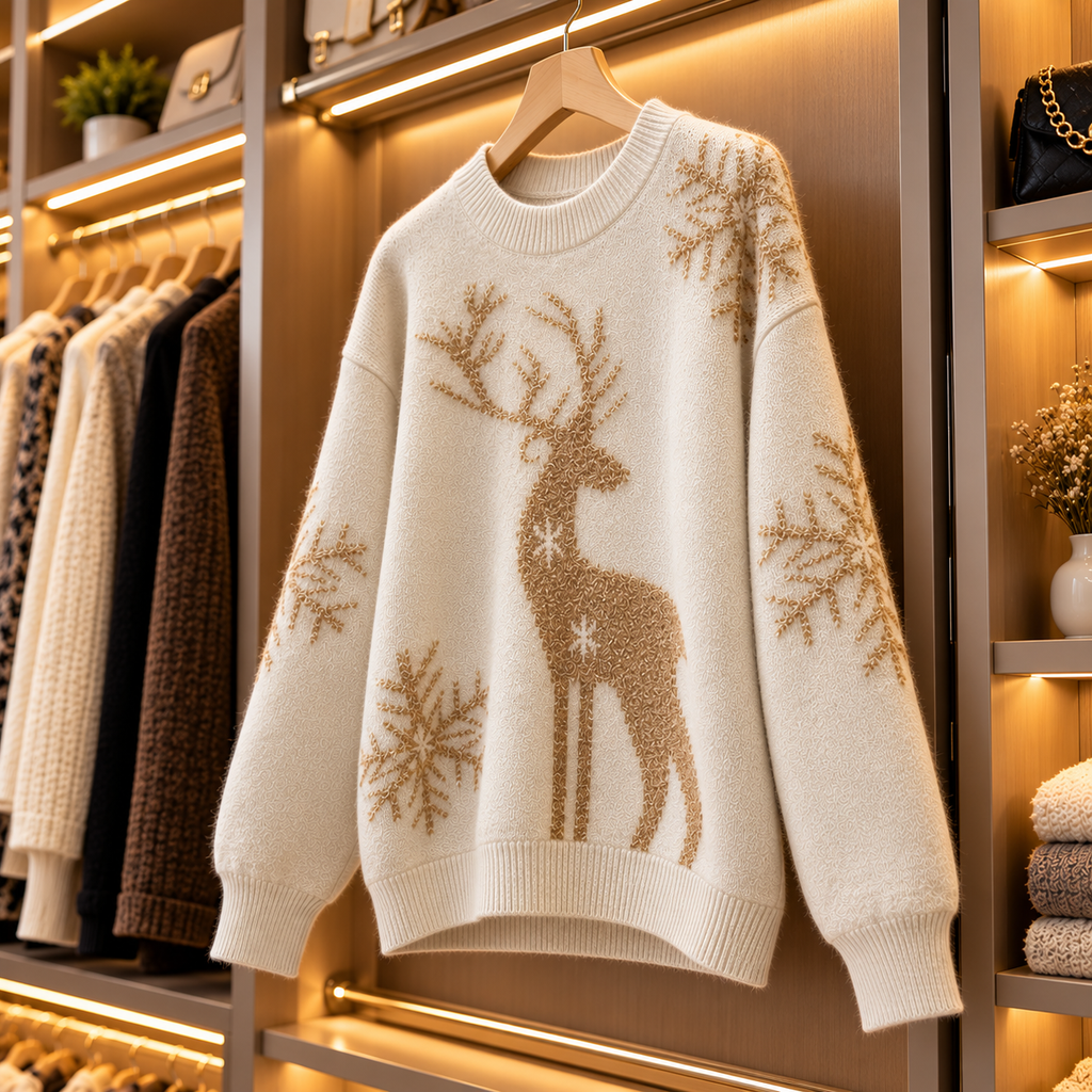 Damen-Weihnachtspullover mit Hirschmotiv & Schneeflocken – in 2 Farben