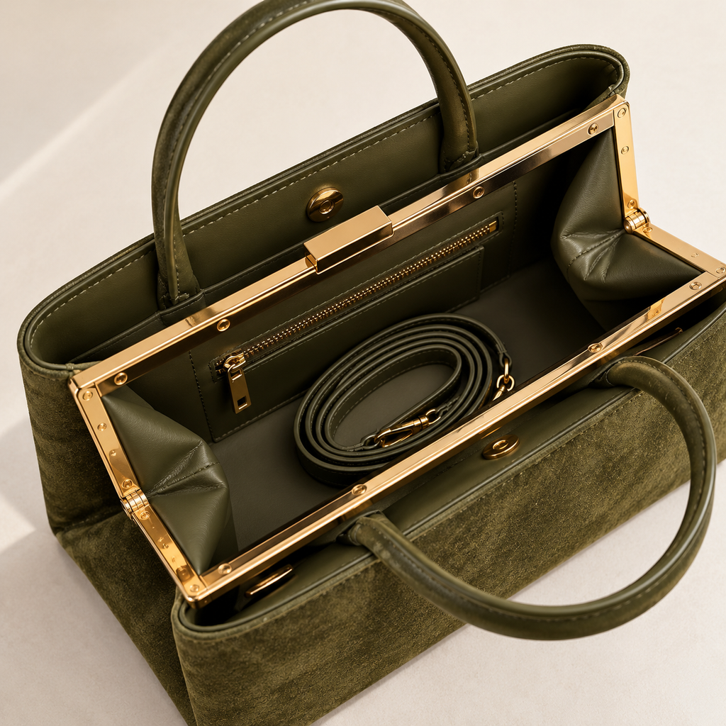 Elegante Damenhandtasche mit goldenem Verschluss – Cognacbraun & Olivegrün