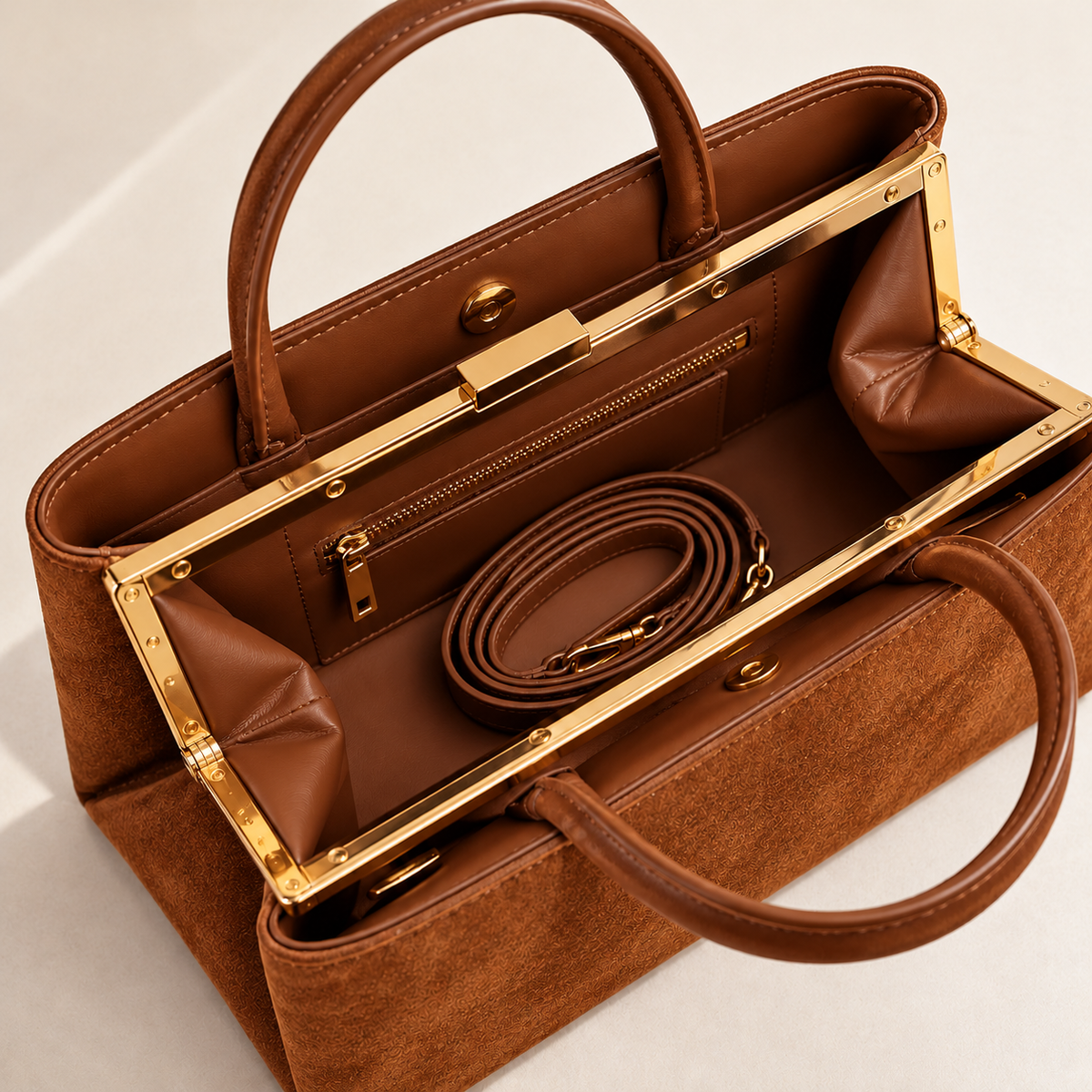 Elegante Damenhandtasche mit goldenem Verschluss – Cognacbraun & Olivegrün