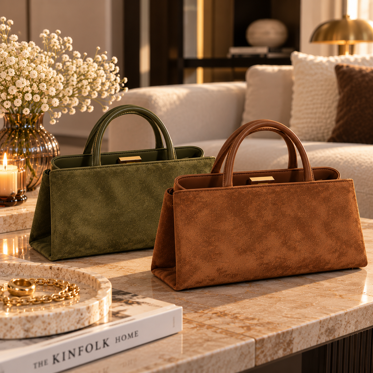 Elegante Damenhandtasche mit goldenem Verschluss – Cognacbraun & Olivegrün